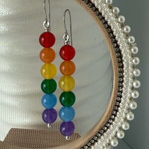 Handcrafted Pride Wire Wrapped Jade Rainbow Sterling Silver Earrings